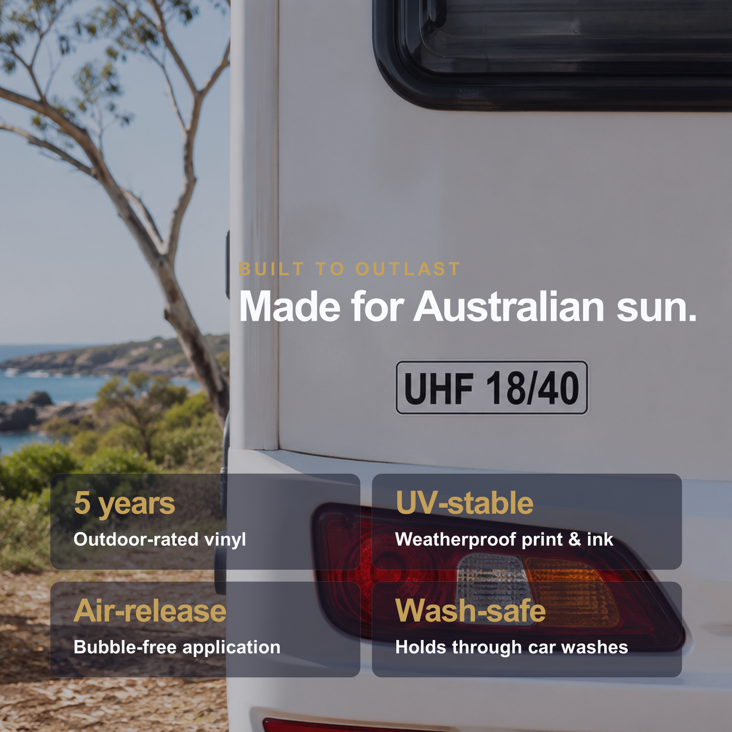 UHF 18/40 decal on a motorhome rear, showing 5-year UV-stable, wash-safe, air-release vinyl built for the Australian sun