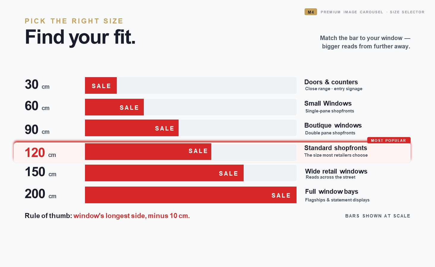 Measurement chart for selecting the right size of a display bar for various window types.