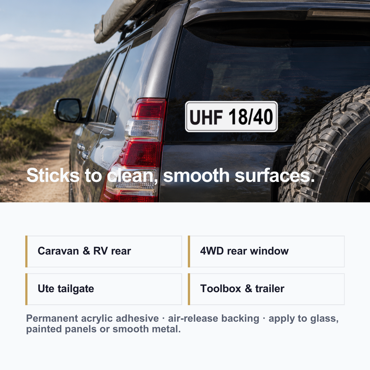 UHF 18/40 channel decal on a black 4WD rear, suited to caravan, 4WD window, ute tailgate and toolbox surfaces