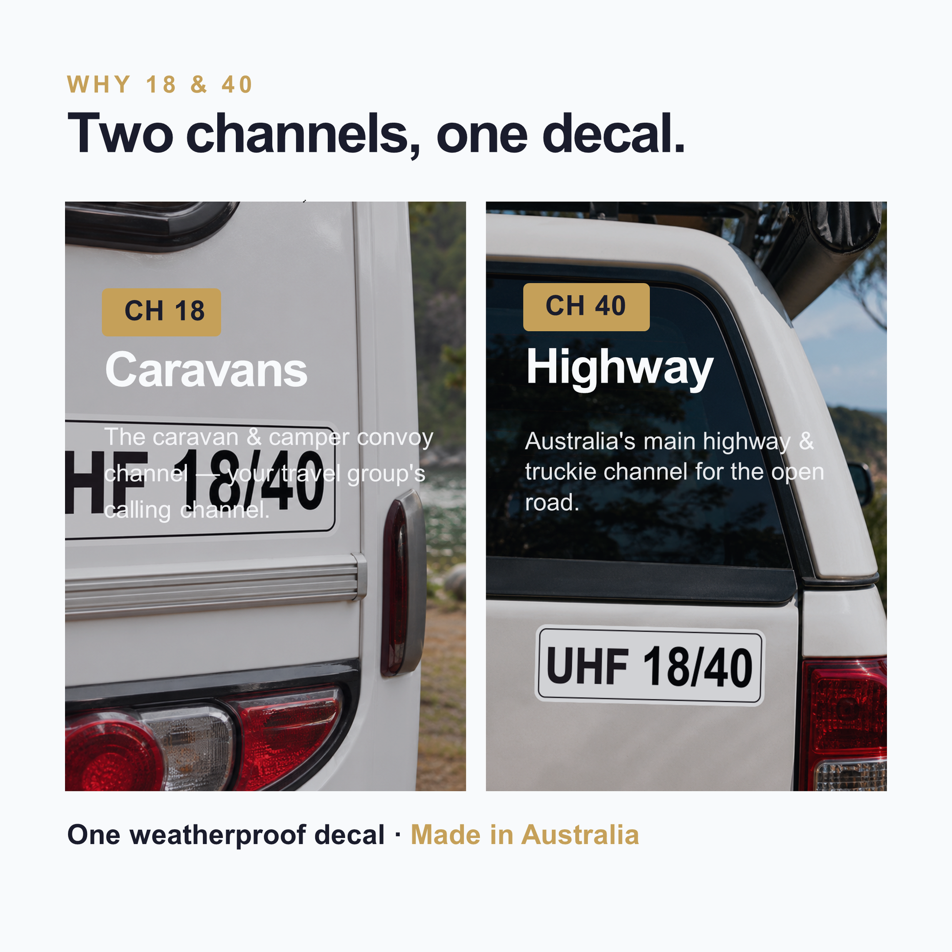 UHF channel guide — channel 18 for caravan convoys and channel 40 for the highway on one weatherproof decal