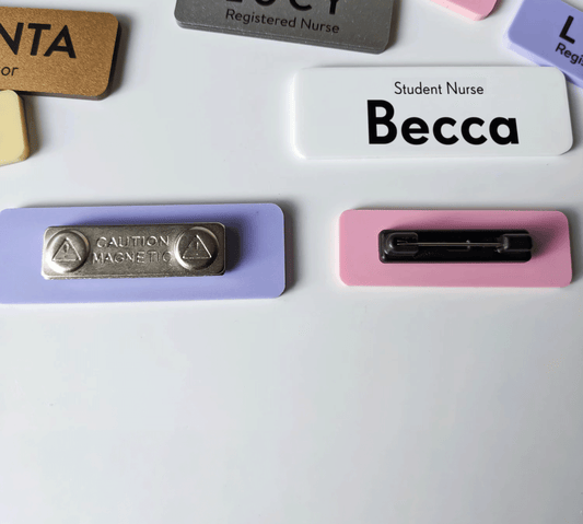 Custom Acrylic Name Badge: Pastel & Metallic, Pin or Magnetic Title Top