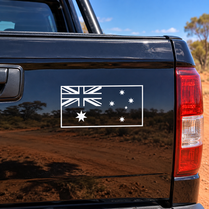White outline Australian flag decal on a black ute tailgate
