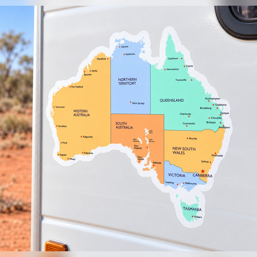 Map of Australia decal – colour-coded states with city names and a white border on the side of a white caravan