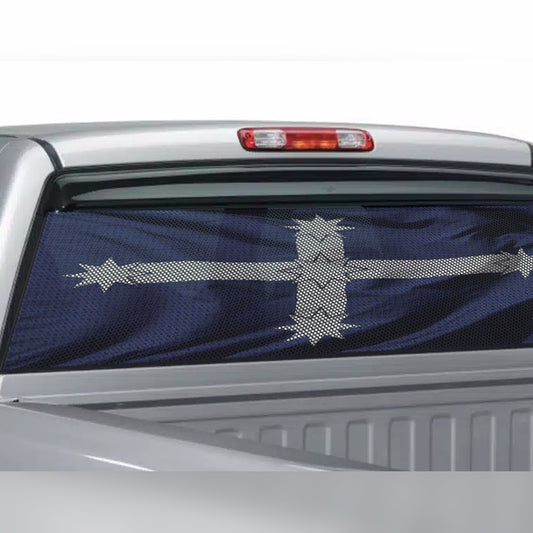 Distressed Eureka flag window decal – perforated one-way vision film on a silver ute rear window
