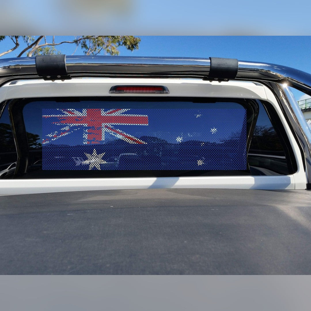 Australian flag perforated window decal – dotted one-way vision film on a ute rear window