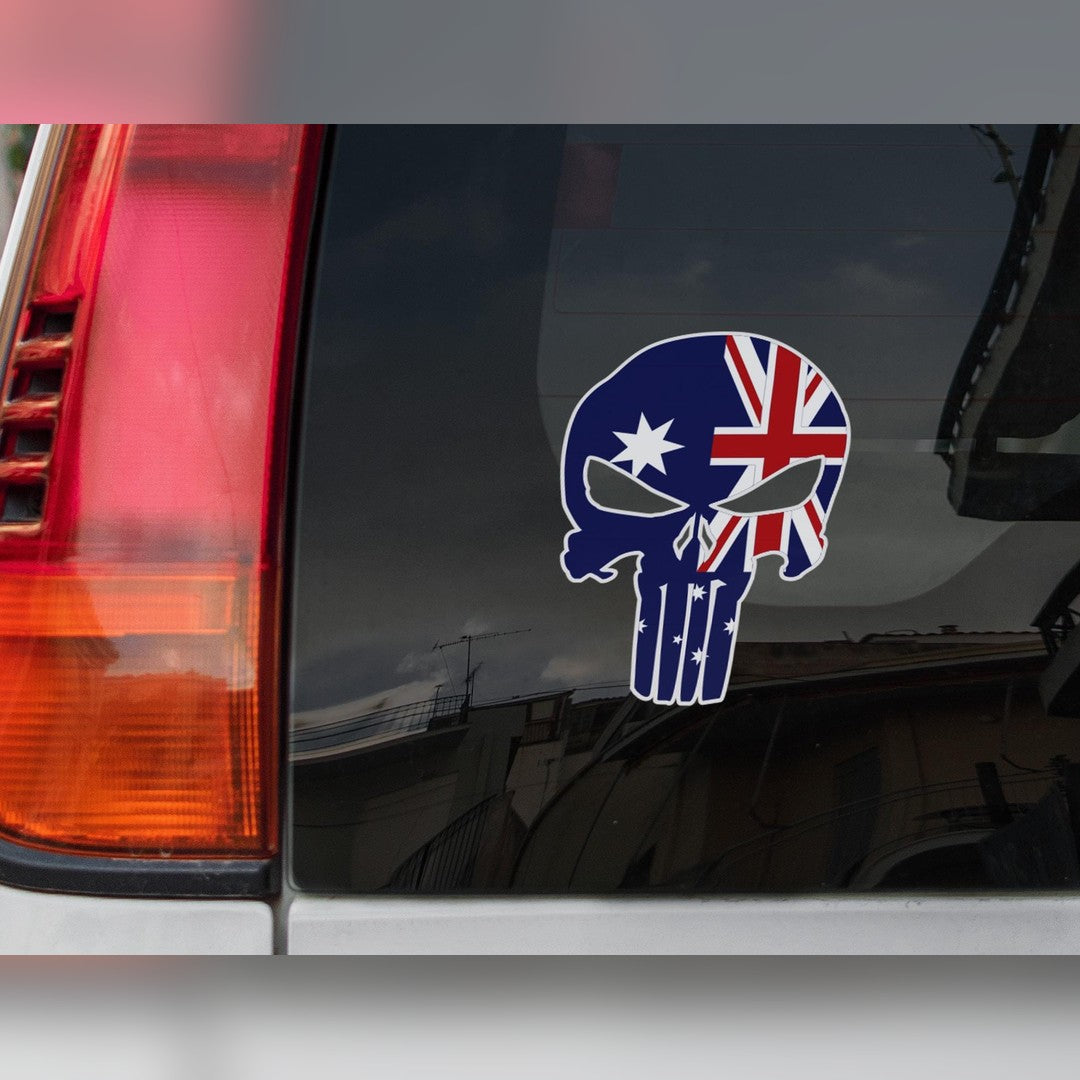 Australian flag skull decal – vinyl sticker on a car rear window beside the tail light
