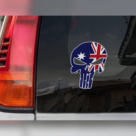 Australian flag skull decal – vinyl sticker on a car rear window beside the tail light