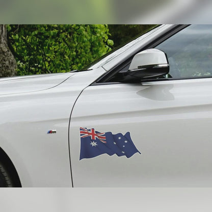 Australian flag car decal – waving flag sticker with a white edge on the front door of a white car