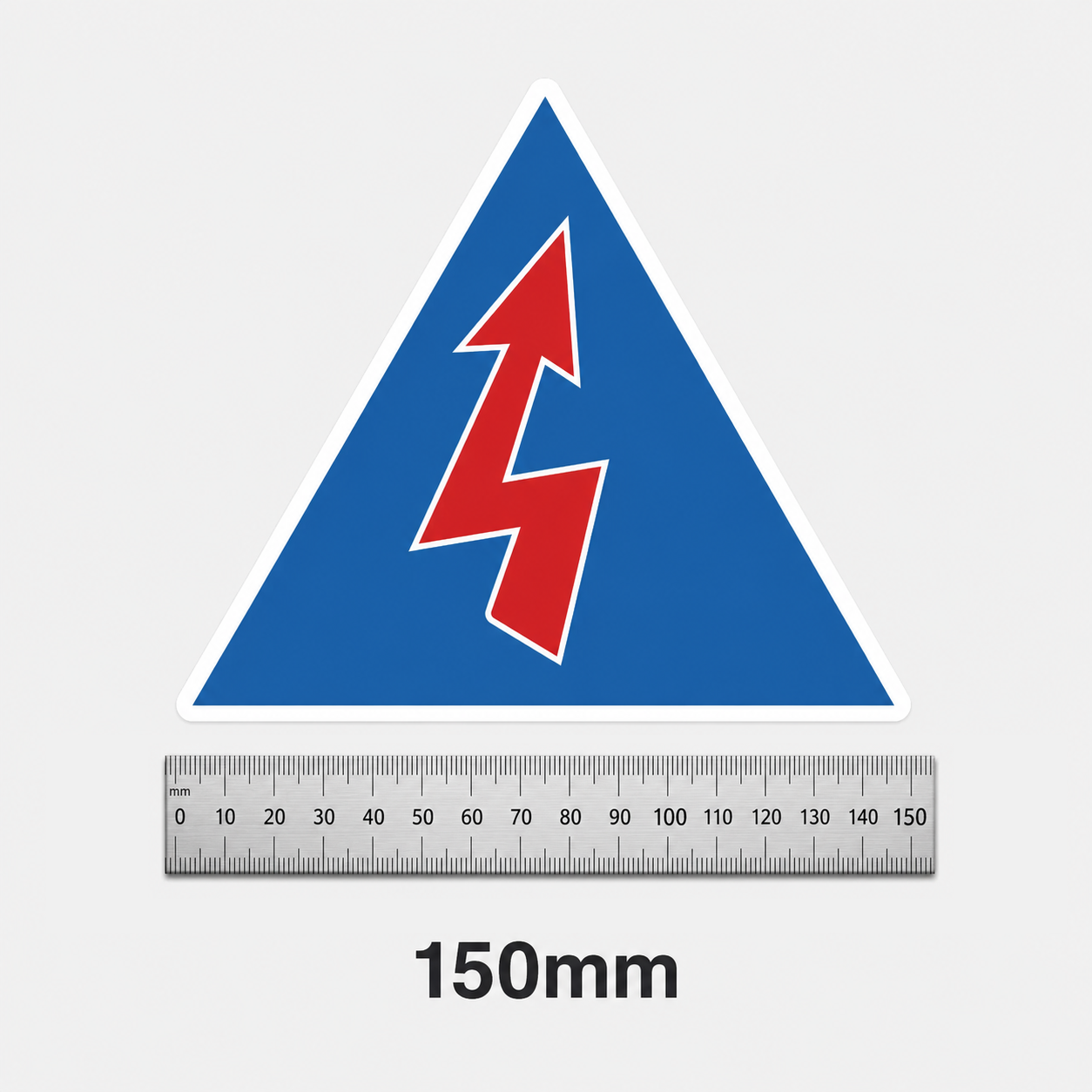 CAMS battery isolator decal size guide - 150mm triangle beside a metal ruler
