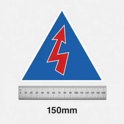 CAMS battery isolator decal size guide - 150mm triangle beside a metal ruler
