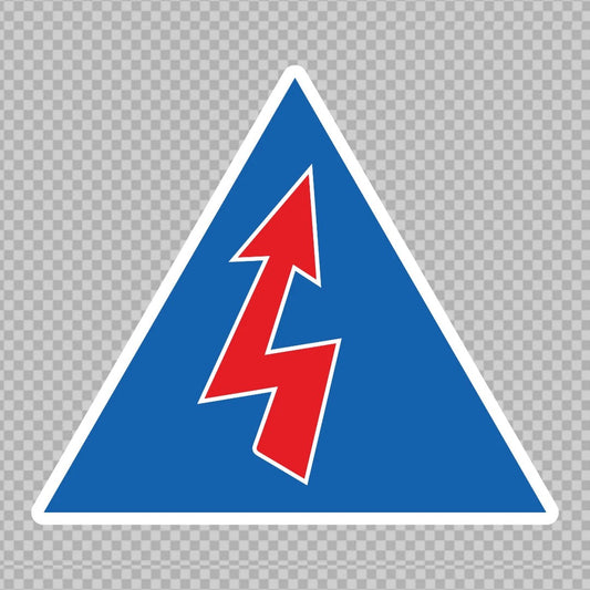 Battery isolator decal – blue triangle with white border and a red lightning arrow on a transparent background