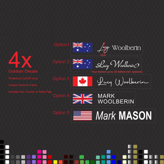 Chart of the five lettering styles for the 4x flag and name stickers, with the letter height measurement marked