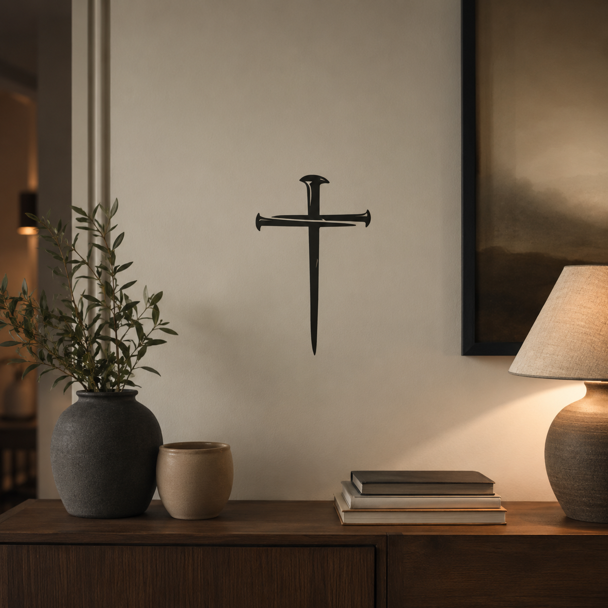 Matt black nail cross wall decal in modern home interior