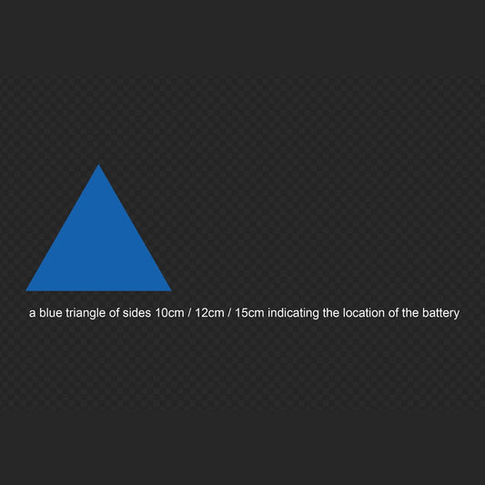 Battery location decal – plain blue triangle on a dark background with text giving 10cm, 12cm and 15cm sides