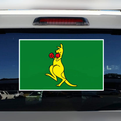 Boxing kangaroo decal – yellow kangaroo with red gloves on a green rectangle with white border on a rear car window