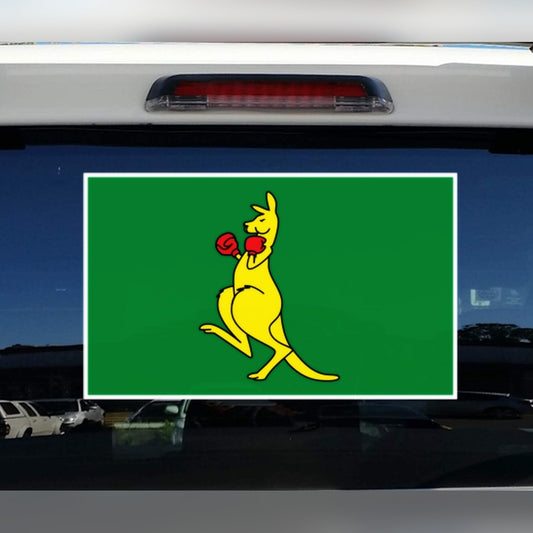 Boxing kangaroo decal – yellow kangaroo with red gloves on a green rectangle with white border on a rear car window