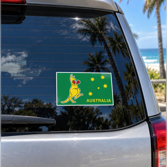 Boxing kangaroo flag decal – yellow kangaroo, gold stars and AUSTRALIA text on a green rectangle on a car window
