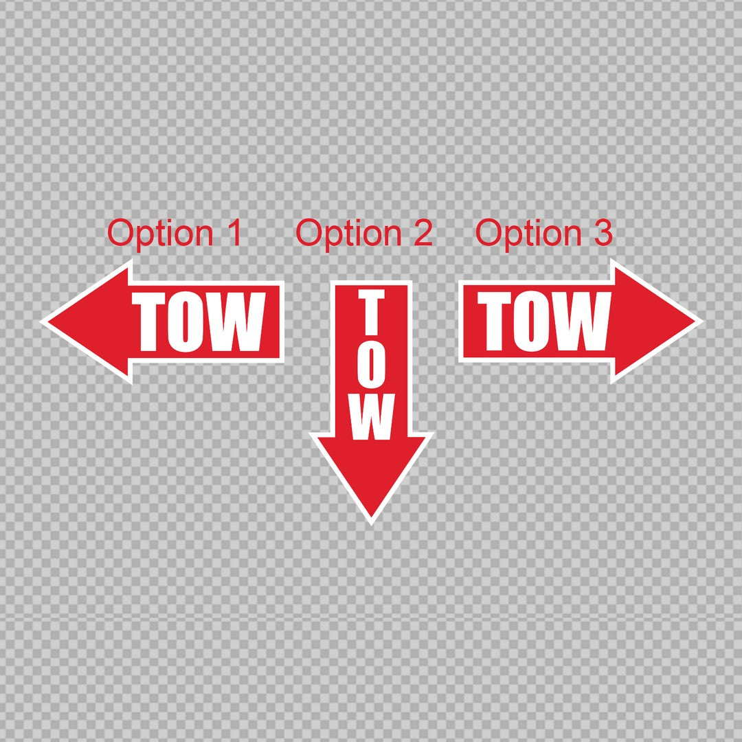 Tow point decal options chart – three red arrows reading TOW pointing left, down and right, with white outlines