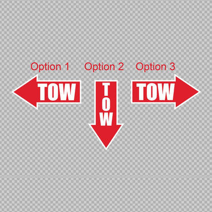 Tow point decal options chart – three red arrows reading TOW pointing left, down and right, with white outlines