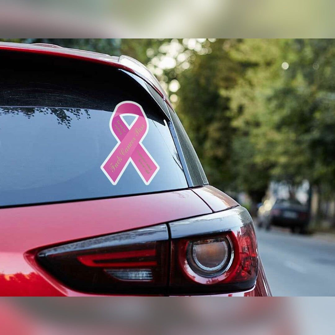 Cancer awareness ribbon decal – pink ribbon sticker with white border on a car rear window