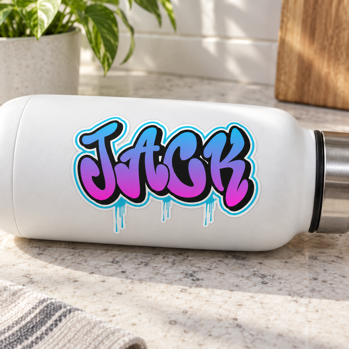 Custom graffiti name sticker on a water bottle, Design 1
