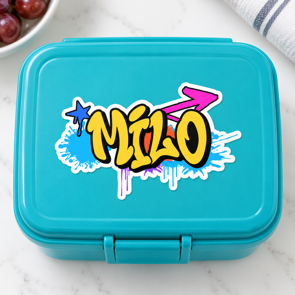 Custom graffiti name sticker on a lunchbox, Design 3
