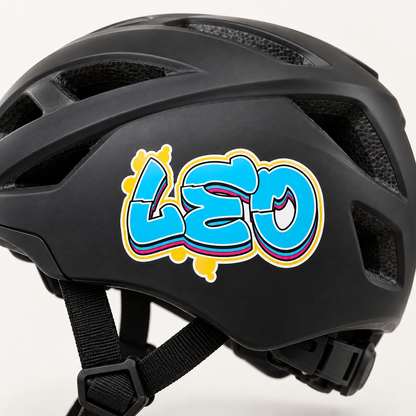 Custom graffiti name sticker on a bicycle helmet, Design 4
