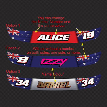 Helmet visor decal options chart – three Australian flag visor strips with the names Alice, Izzy and Daniel and numbers