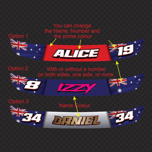 Helmet visor decal options chart – three Australian flag visor strips with the names Alice, Izzy and Daniel and numbers