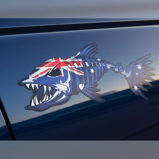 Bone fish Australian flag decal – distressed vinyl sticker on a dark blue car door