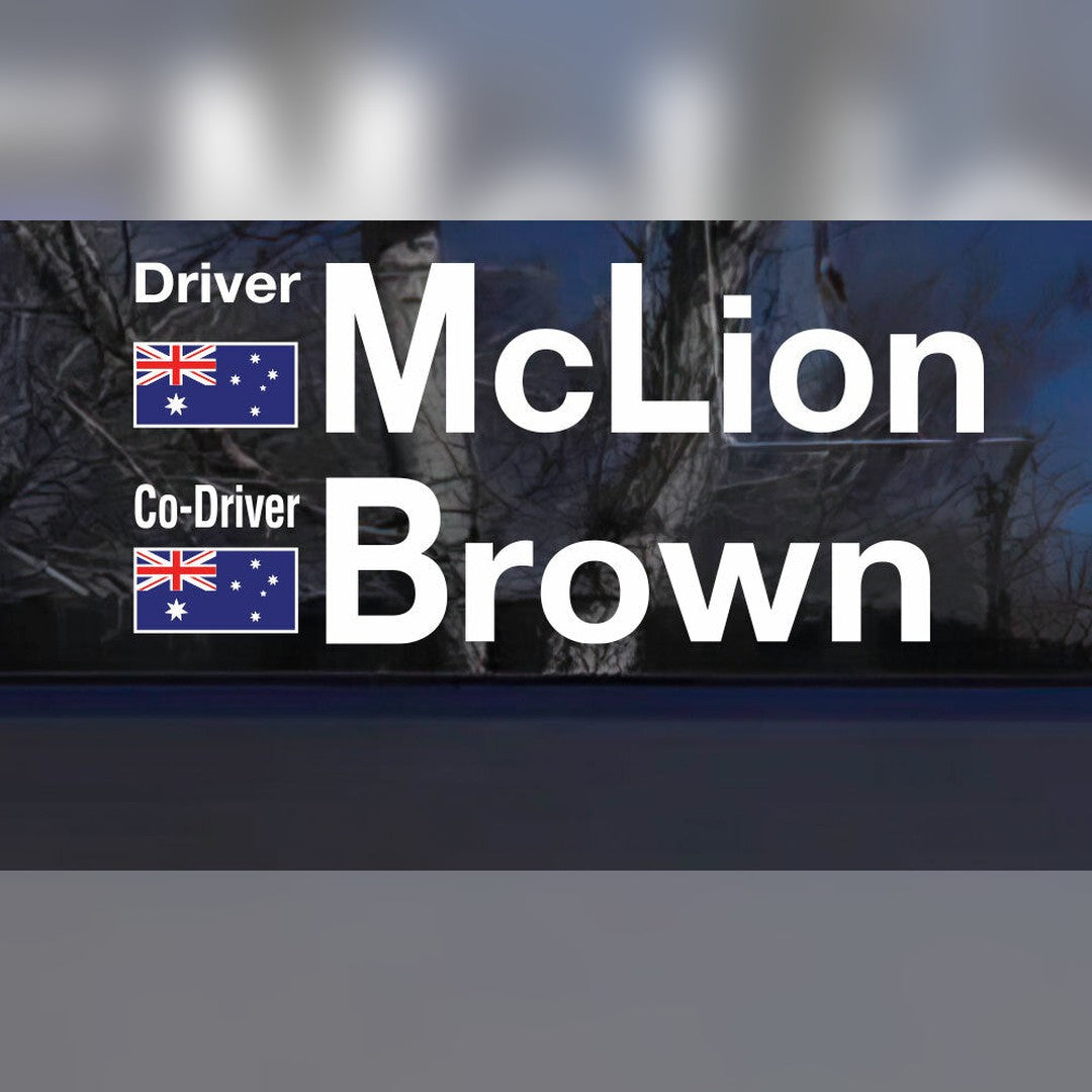 Rally co-driver flag and name decal – driver and co-driver names with Australian flags on a dark window