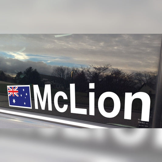 Driver name flag decal – Australian flag with white surname lettering on a car side window