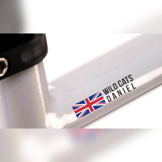 Flag name MTB decal – small UK flag with two lines of text on a white bike frame tube