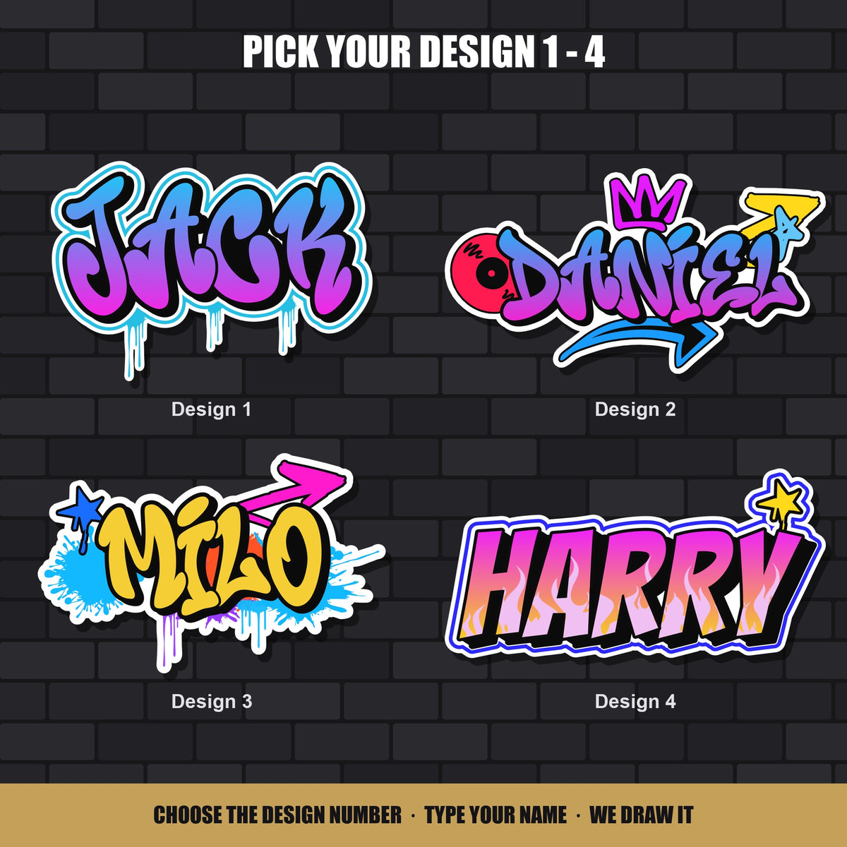 Custom graffiti name sticker design chart - Design 1 to Design 4