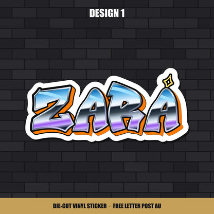 Design 1 custom graffiti name sticker, shown with the name Zara