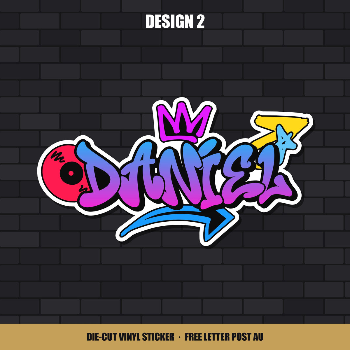 Design 2 custom graffiti name sticker, shown with the name Daniel