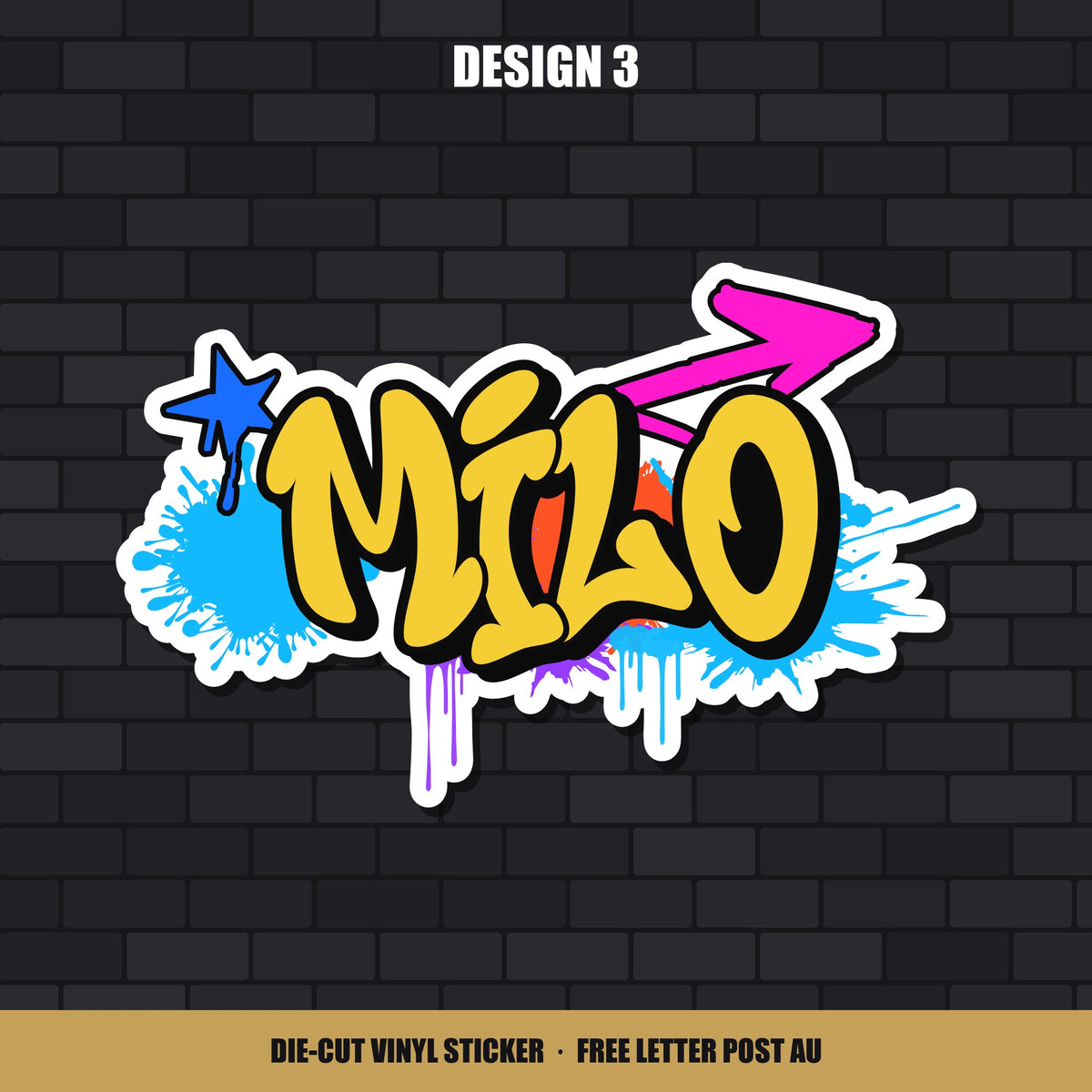 Design 3 custom graffiti name sticker, shown with the name Milo