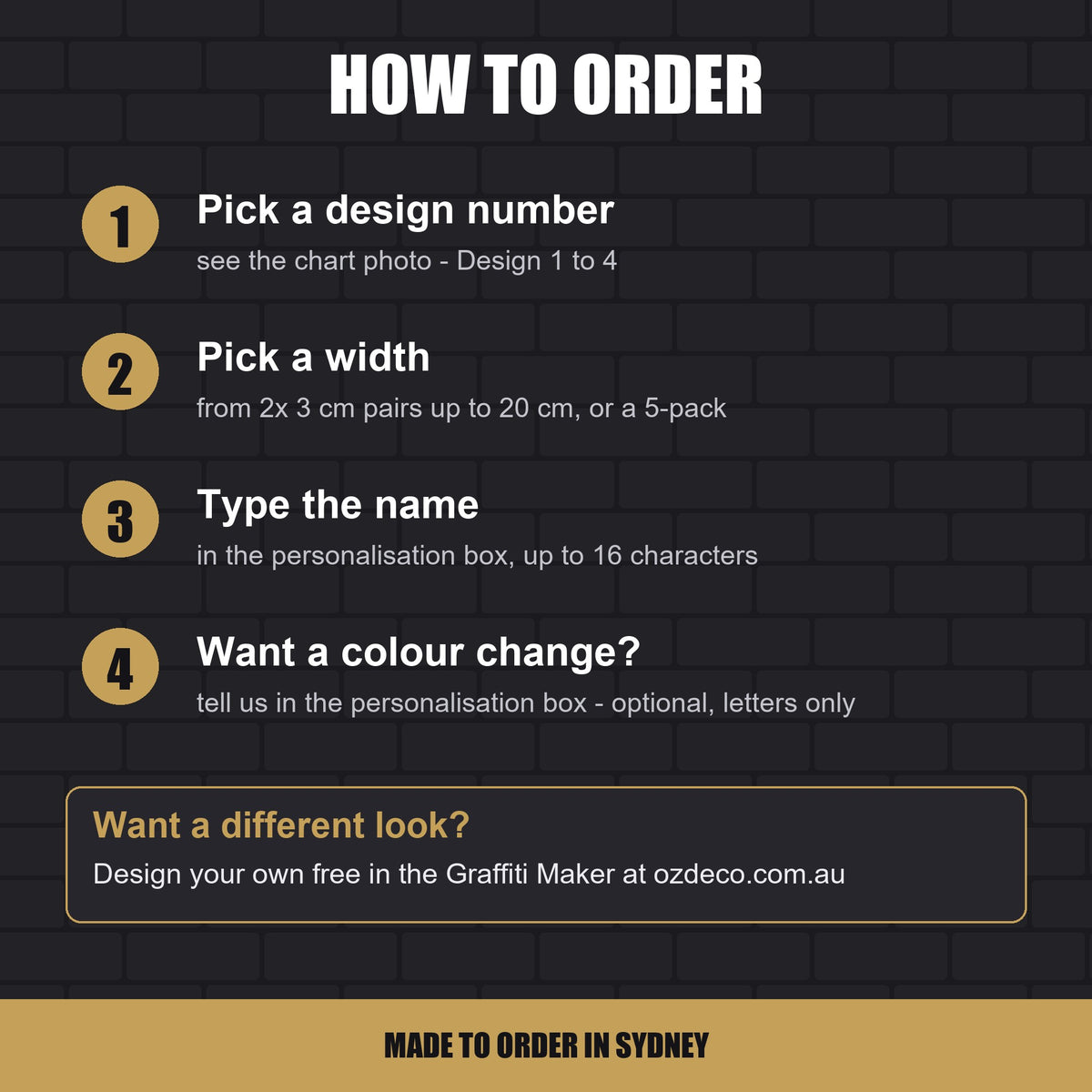 How to order a custom graffiti name sticker - pick a design, pick a width, type the name