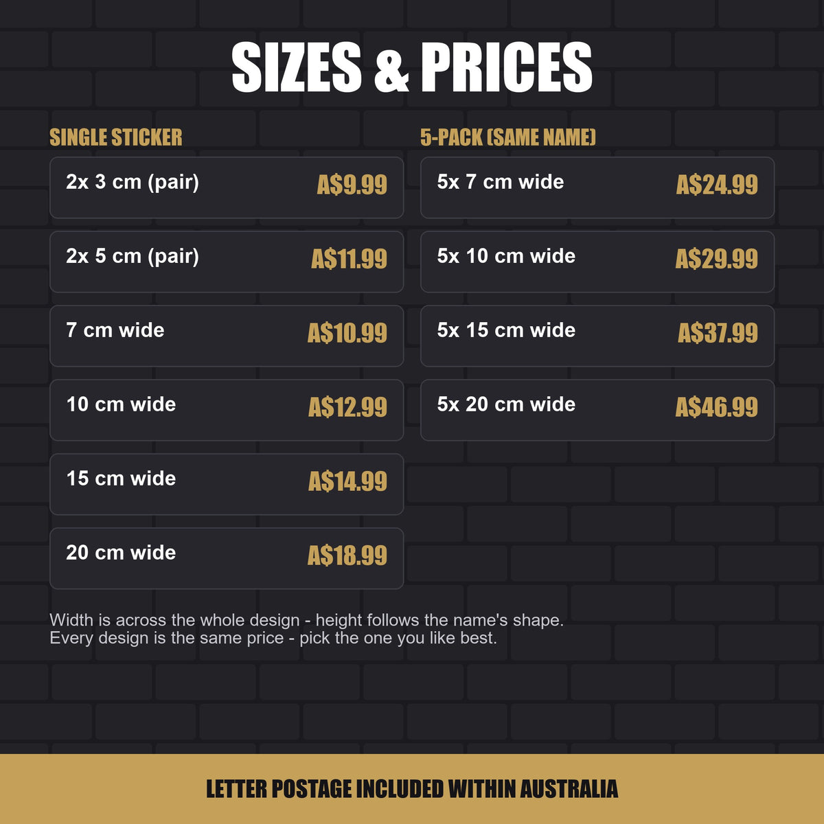 Custom graffiti name sticker sizes and prices - 2x 3 cm pairs up to 20 cm wide, and 5-packs
