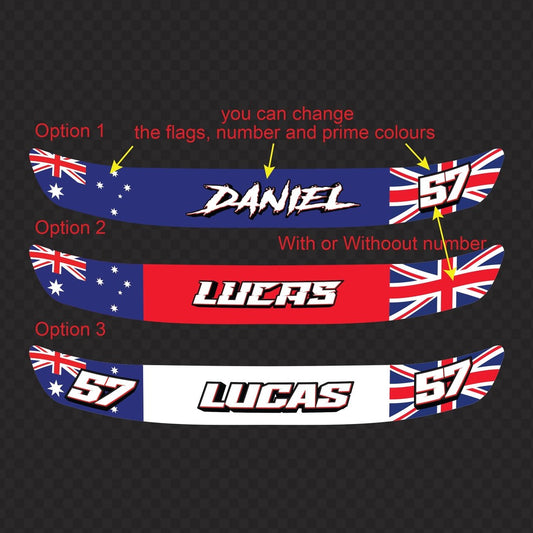 Helmet visor decal options chart – three Australian and Union Jack visor strips with the names Daniel and Lucas and number 57