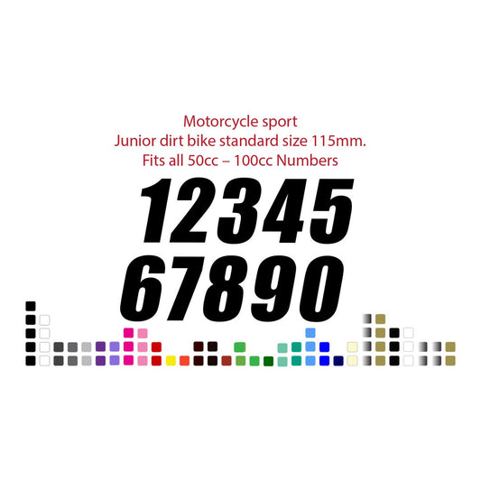 50-100cc number decal – black digits 0 to 9 at 115 mm for junior dirt bikes, with colour swatches