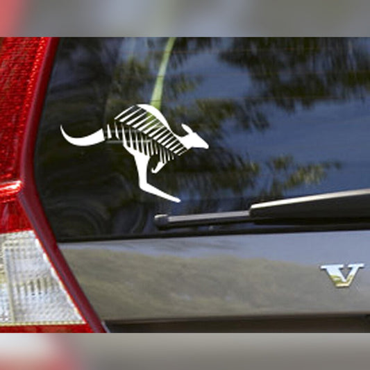 Kangaroo Silver Fern Koru decal – white kangaroo with fern-patterned body on a car rear window