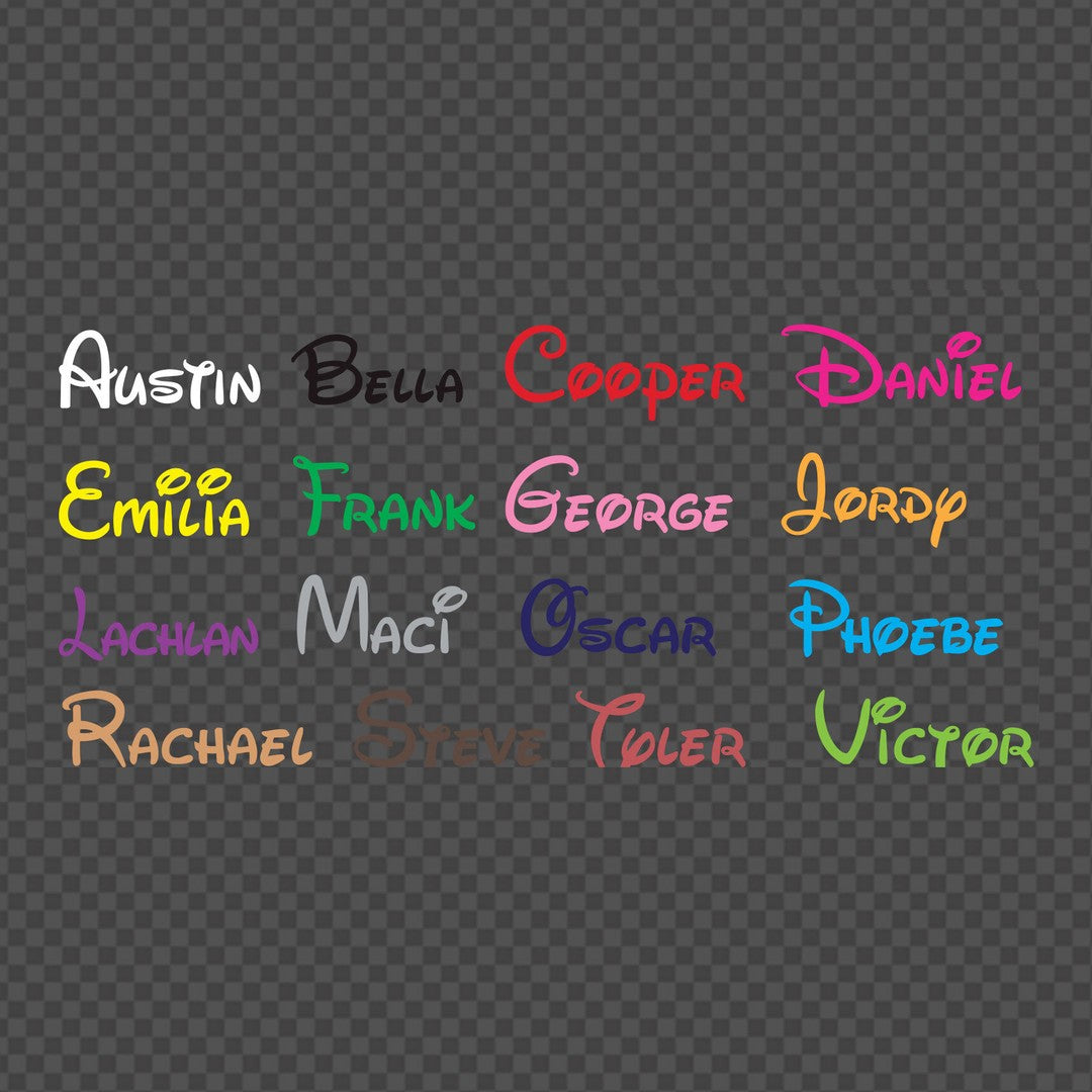 Custom name lettering decal – sample first names in a playful font in assorted colours on grey