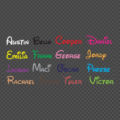 Custom name lettering decal – sample first names in a playful font in assorted colours on grey