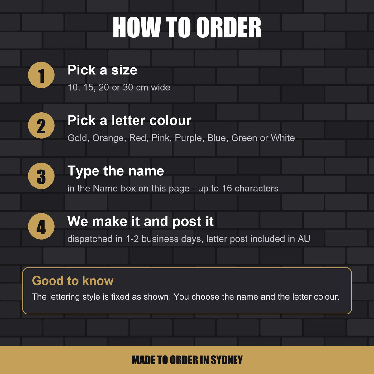 How to order a custom name graffiti sticker - pick a size, pick a letter colour, type the name