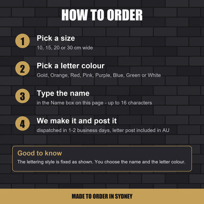 How to order a custom name graffiti sticker - pick a size, pick a letter colour, type the name
