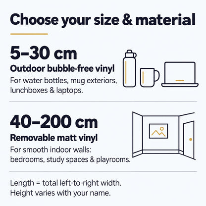 Size and material guide - 5 to 30 cm outdoor bubble-free vinyl for personal items; 40 to 200 cm removable matt vinyl for indoor walls