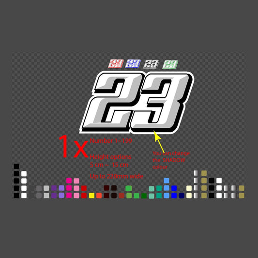 Race number decal – white number 23 with black shadow, four mini colour variants and swatches