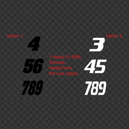 Custom race number decal – black and white italic numbers shown as two options on a grey background