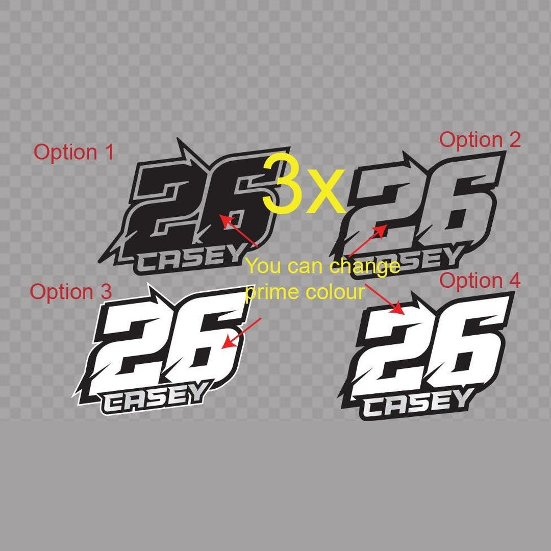 Bold number decal – four number 26 design options with a name underneath, on a grey background